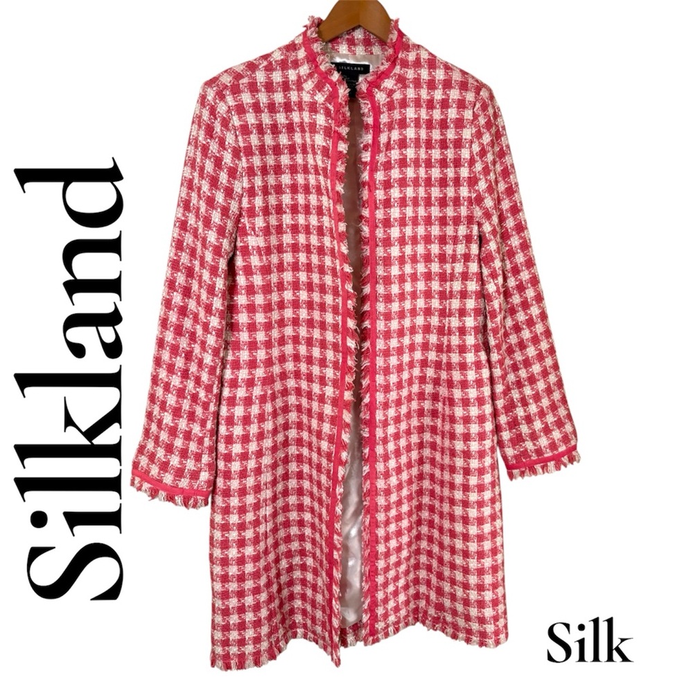 SilkLand 70% Silk Tweed Fringe Long Jacket. Pink/White Lined. Large. EUC!